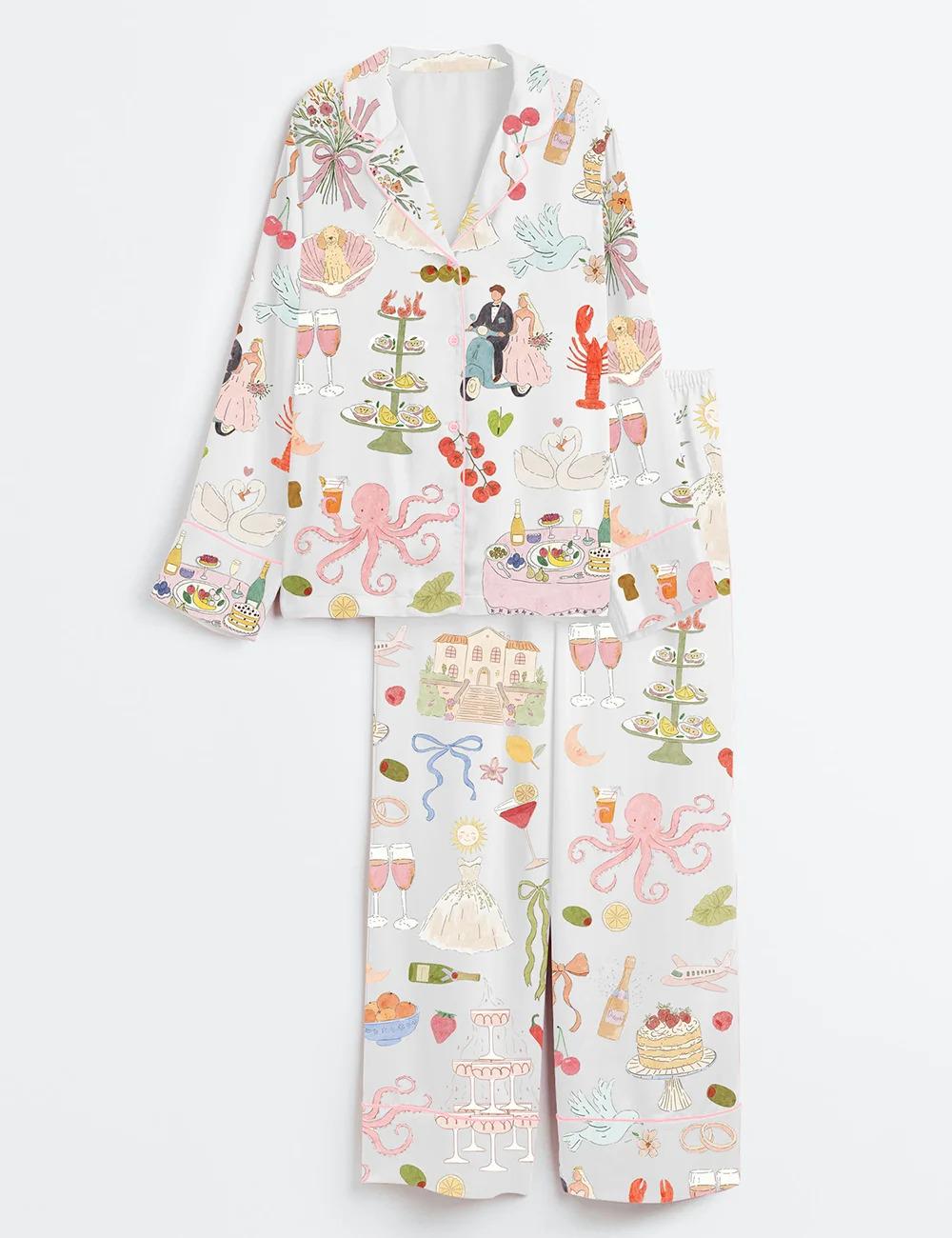 Watercolor Wedding Pajamas, Dolce Vita Bridal Party Gift, Whimsical Summer Satin Pjs, Hand Drawn Aesthetic Loungewear, Luxury Bride Set