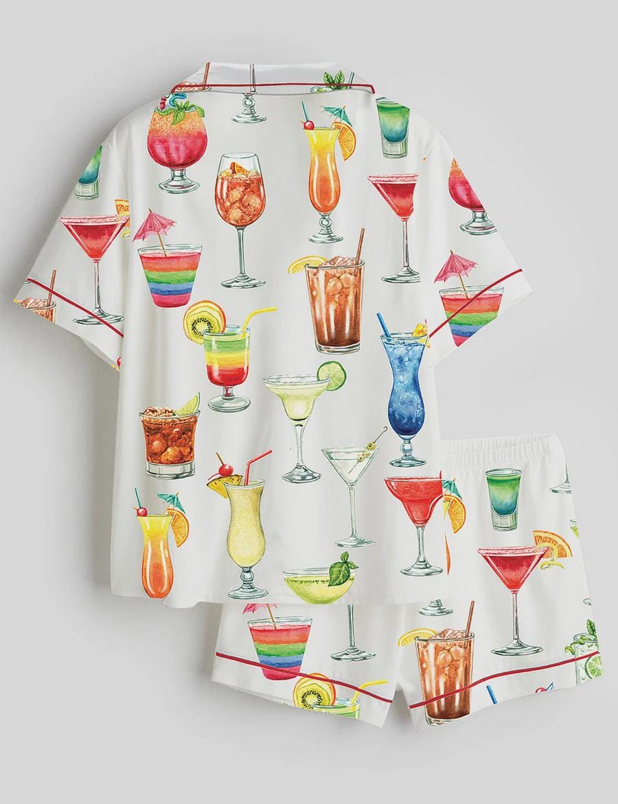 Cocktail Pajama Set – Tropical Drink Watercolor Loungewear – Bachelorette Party & Summer Sleepwear Gift