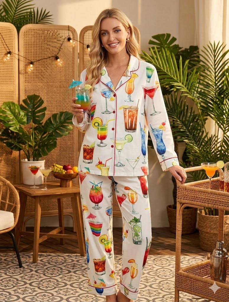 Cocktail Pajama Set – Tropical Drink Watercolor Loungewear – Bachelorette Party & Summer Sleepwear Gift