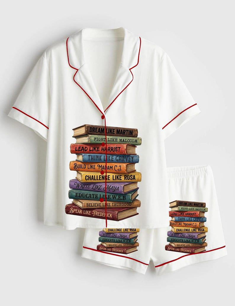 Inspirational Black History Book Stack Pajama Set Women, Empowering Lounge Sleepwear