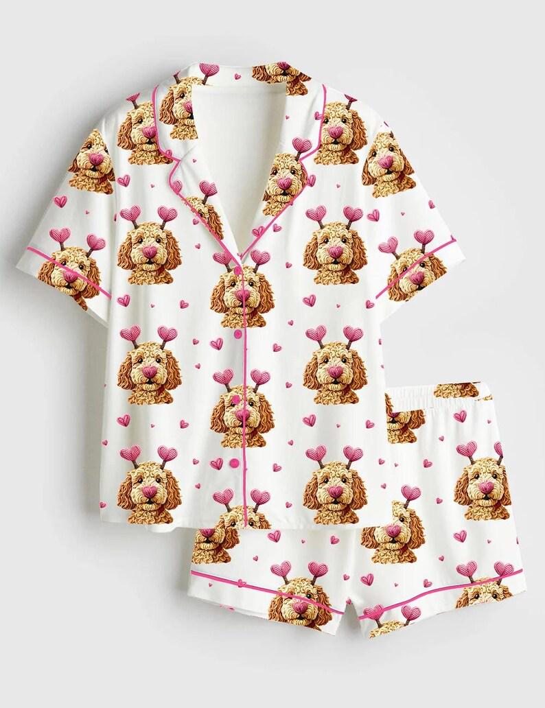 Imitation Silk Puppy Heart Pajama Set Women, Dog Lover Sleepwear Lounge Set