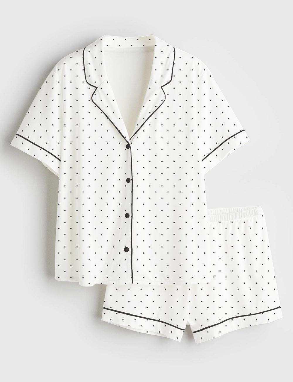 Women's Polka Dot Pajama Set, Black White Sleepwear, Elegant Lounge Shorts