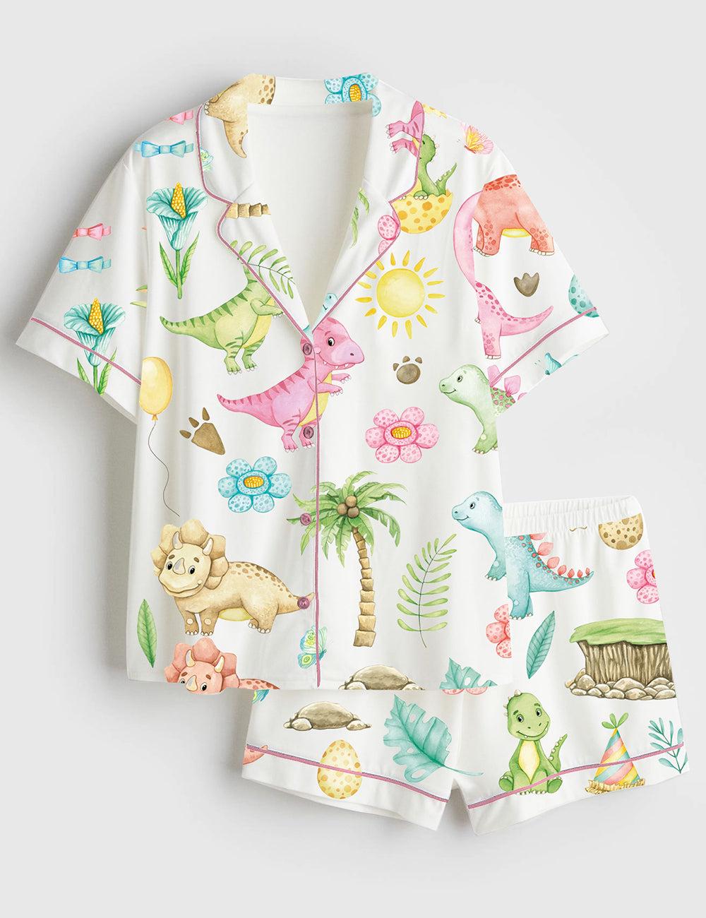 Dinosaur Pajama Shirt and Shorts, Kids Dino Print Loungewear, Cartoon Sleepwear Set