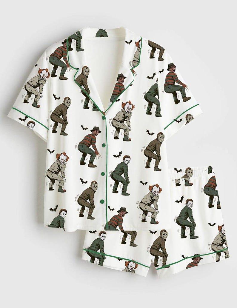 Horror Character Pajama Shirt and Shorts, Spooky Halloween Print Loungewear Sleepwear