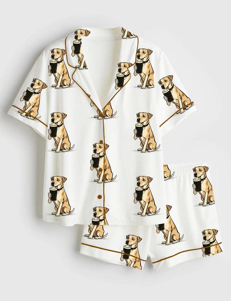 Dog Coffee Pajama Shirt and Shorts, Funny Dog Print Loungewear Sleepwear