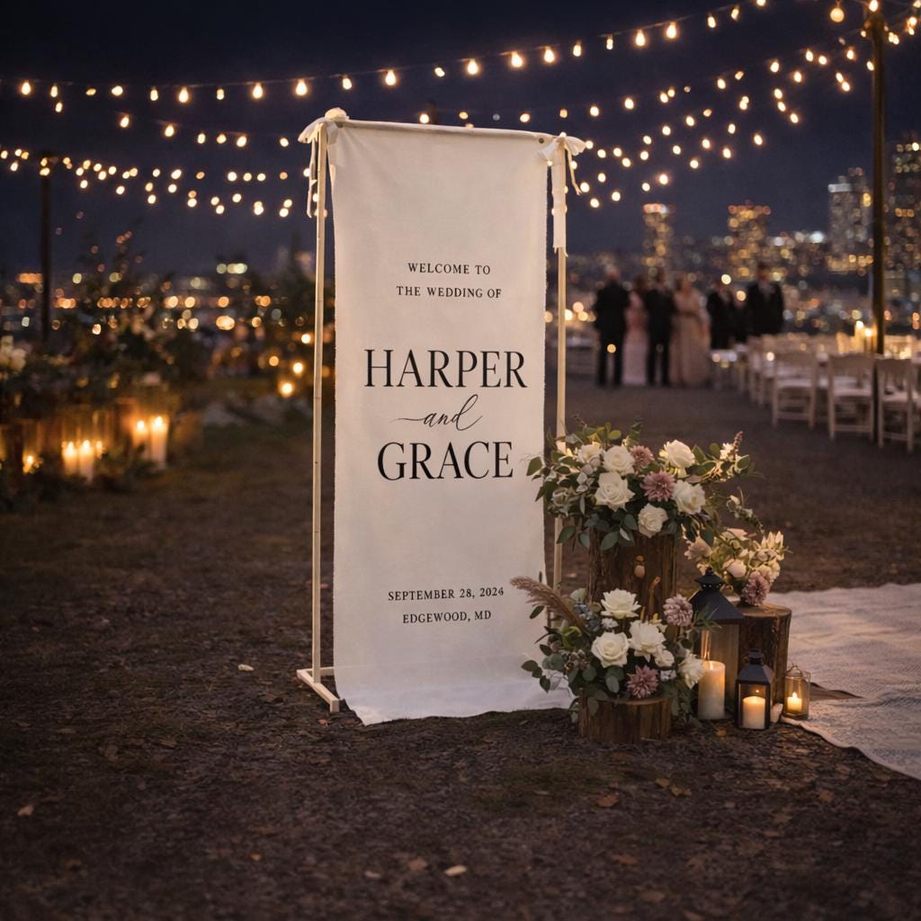 Wedding Welcome Sign Fabric Vertical Banner Personalized Names Date