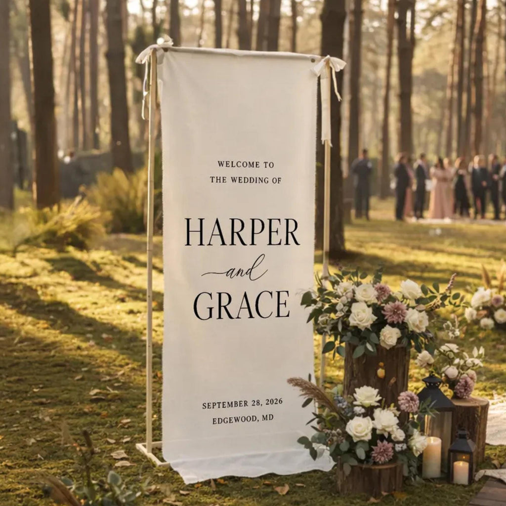 Wedding Welcome Sign Fabric Vertical Banner Personalized Names Date