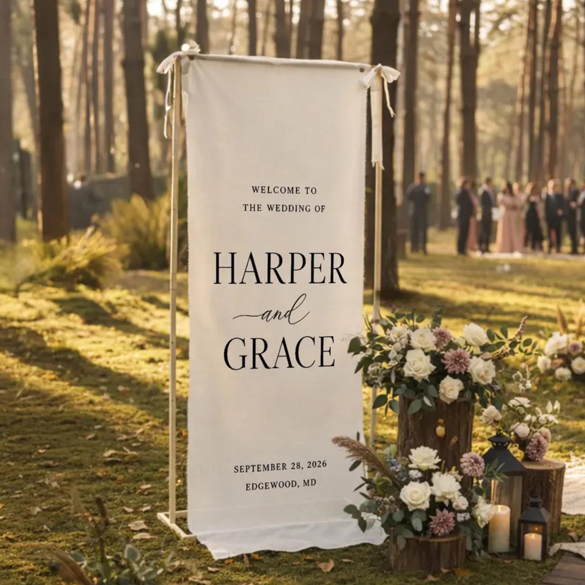Wedding Welcome Sign Fabric Vertical Banner Personalized Names Date