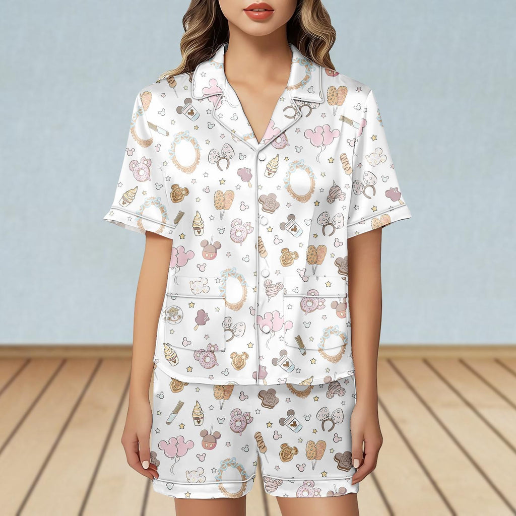 Disney Coquette Bow Snacks Short Satin Pajamas Set, Disney Girl Trip Women Pajama, Disneyland Birthday Sleepwear, Magic Castle Silk Pjs