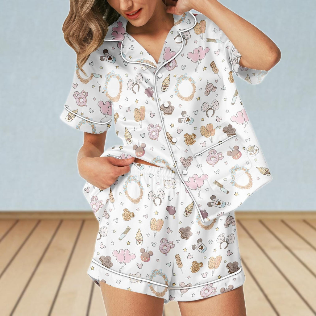 Disney Coquette Bow Snacks Short Satin Pajamas Set, Disney Girl Trip Women Pajama, Disneyland Birthday Sleepwear, Magic Castle Silk Pjs