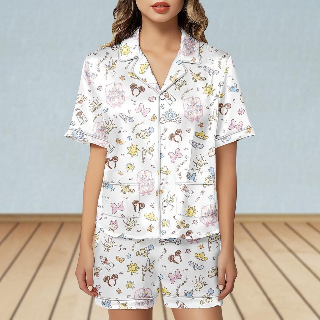 Vintage Disney Coquette Bow Short Satin Pajamas Set, Disney Floral Women Pajamas, Disney Trip 2026 Sleepwear, Girly Magic Kingdom Pjs