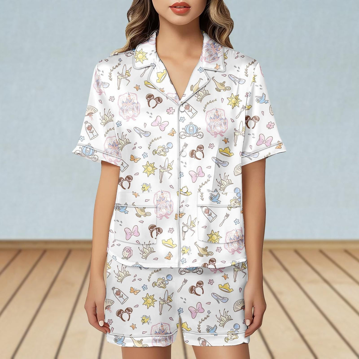 Vintage Disney Coquette Bow Short Satin Pajamas Set, Disney Floral Women Pajamas, Disney Trip 2026 Sleepwear, Girly Magic Kingdom Pjs