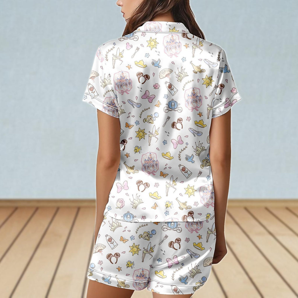Vintage Disney Coquette Bow Short Satin Pajamas Set, Disney Floral Women Pajamas, Disney Trip 2026 Sleepwear, Girly Magic Kingdom Pjs