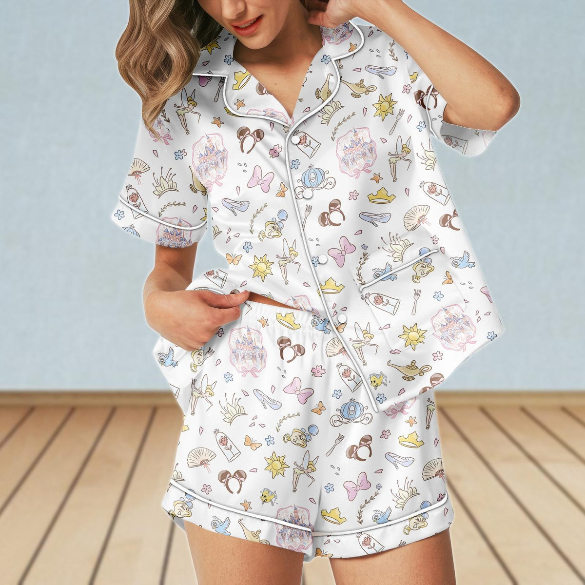Vintage Disney Coquette Bow Short Satin Pajamas Set, Disney Floral Women Pajamas, Disney Trip 2026 Sleepwear, Girly Magic Kingdom Pjs