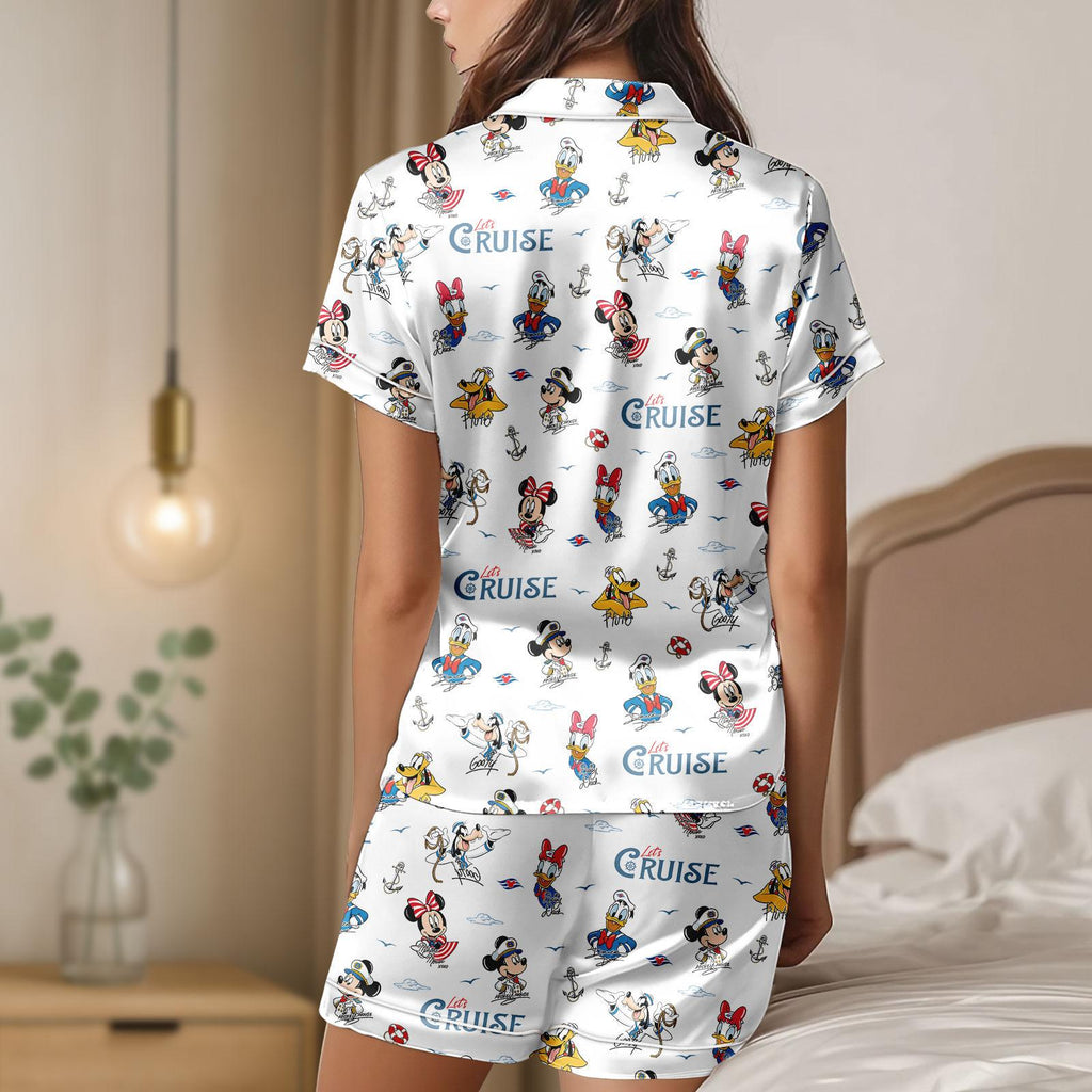 Disney Mickey and Friends Let's Cruise Line Satin Pajamas Set, Cruise Vacation 2026 Women Pajamas, Disney Magic Wonder Fantasy Wish Pjs