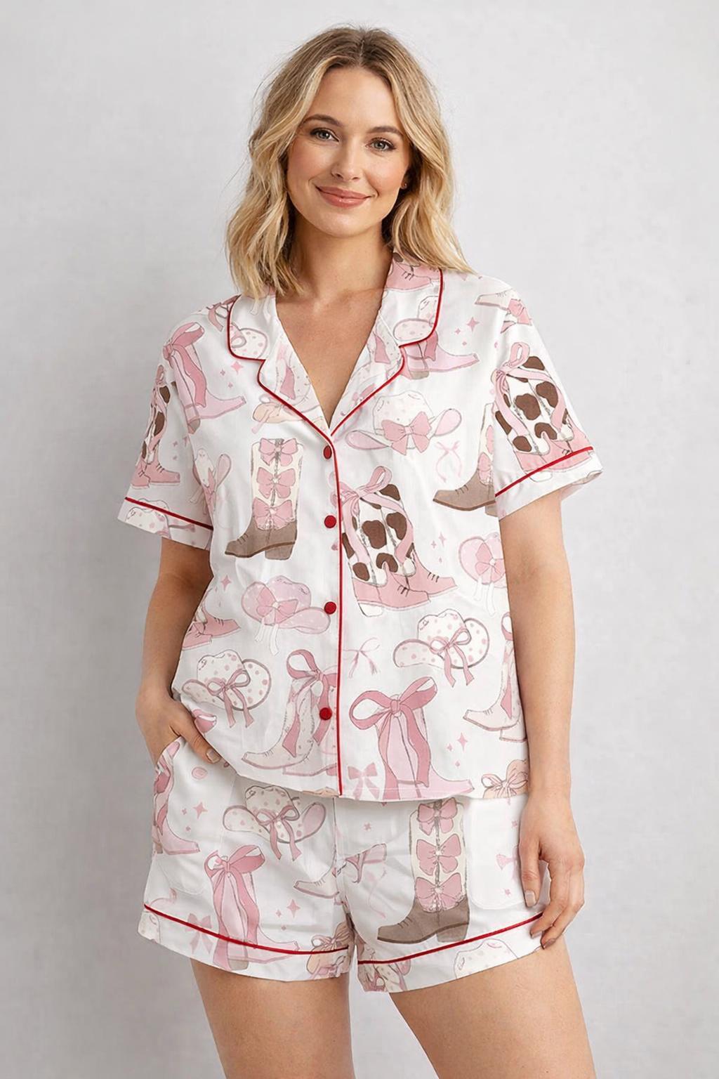 Pink Cowgirl Boots Pajama Set, Western Bow Sleepwear, Country Girl Pajamas