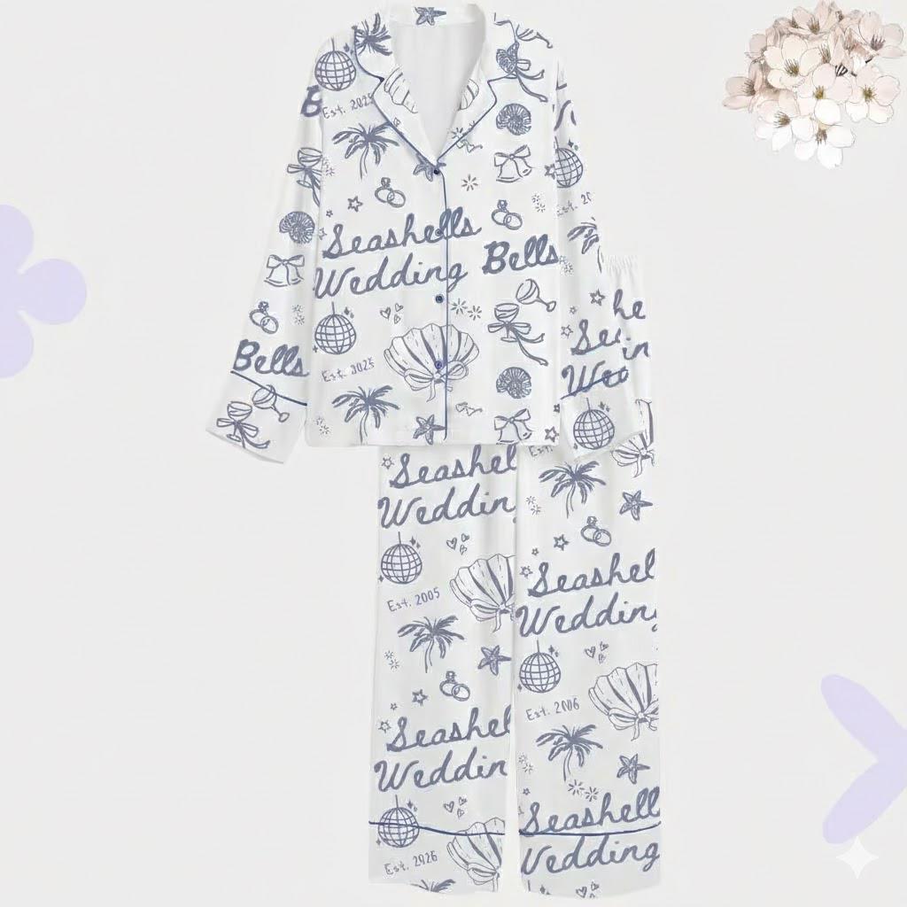 Coastal Bachelorette Pajama Set, Seashells & Wedding Bells Pajamas, Nautical Bridal PJs