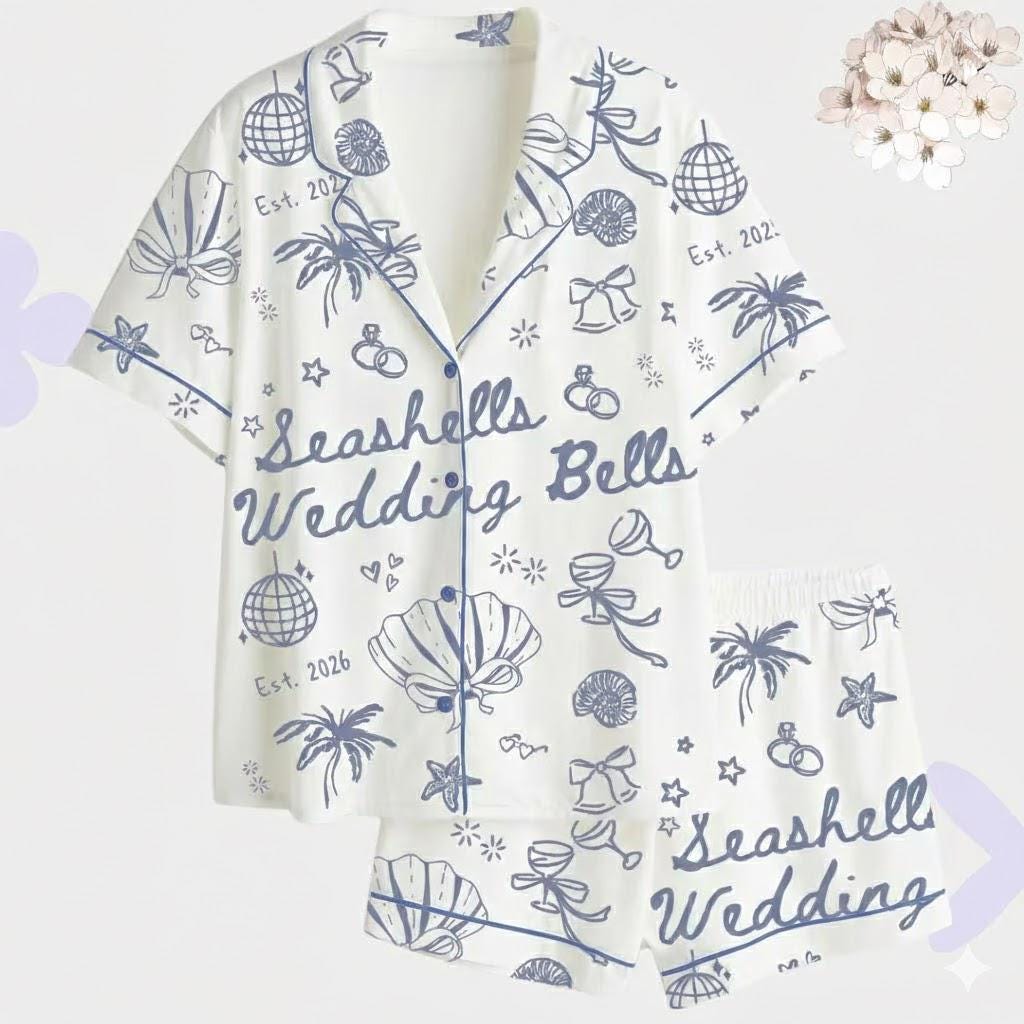 Coastal Bachelorette Pajama Set, Seashells & Wedding Bells Pajamas, Nautical Bridal PJs