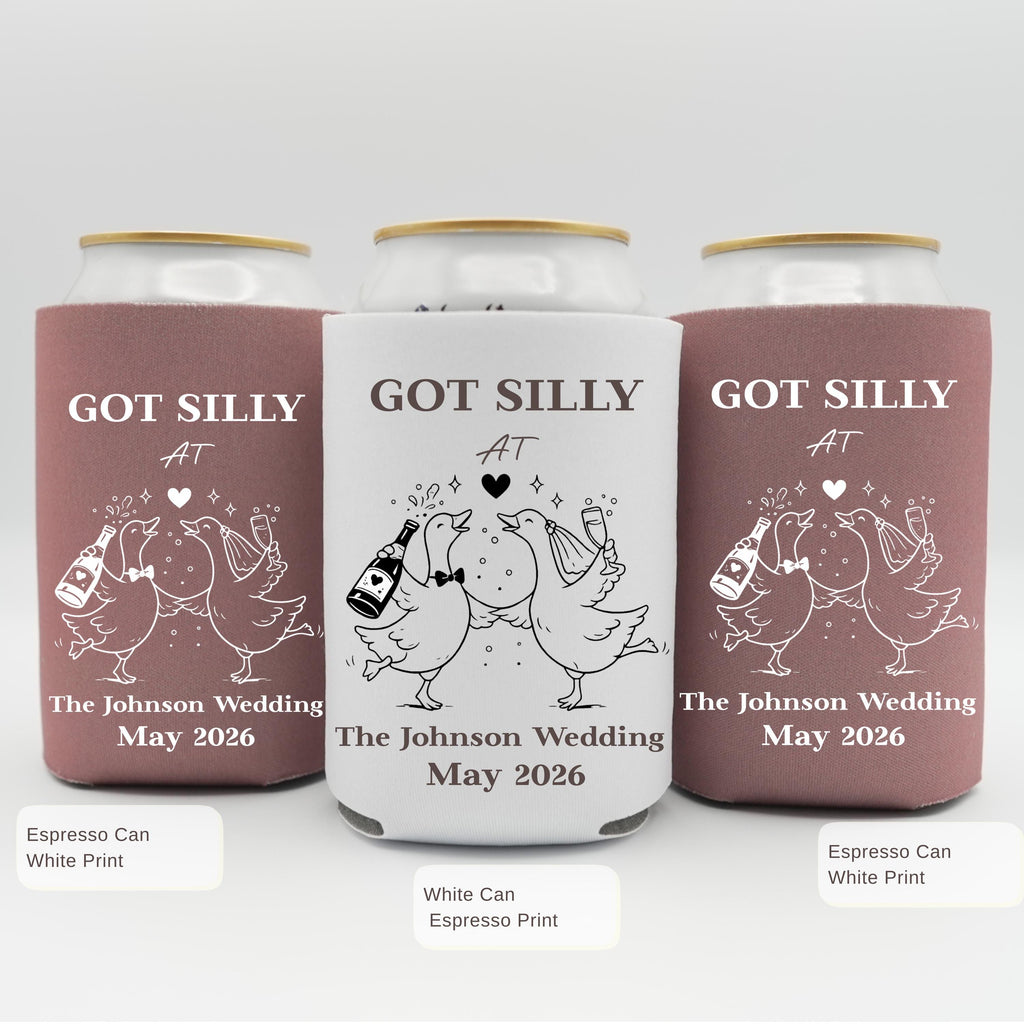 Silly Goose Wedding Can Cooler, Funny Wedding Favor, Personalized Wedding Can Cooler, Custom Couple Name Date Drink Holder