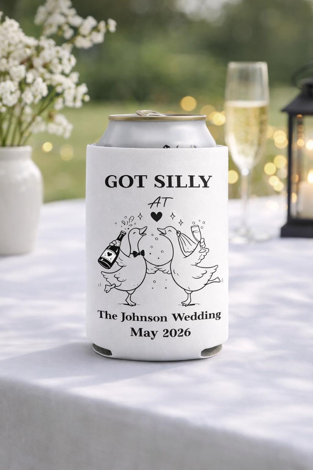 Silly Goose Wedding Can Cooler, Funny Wedding Favor, Personalized Wedding Can Cooler, Custom Couple Name Date Drink Holder