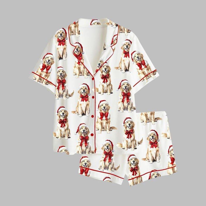 Women's Christmas Golden Retriever Pajama Set, Holiday Dog Sleepwear