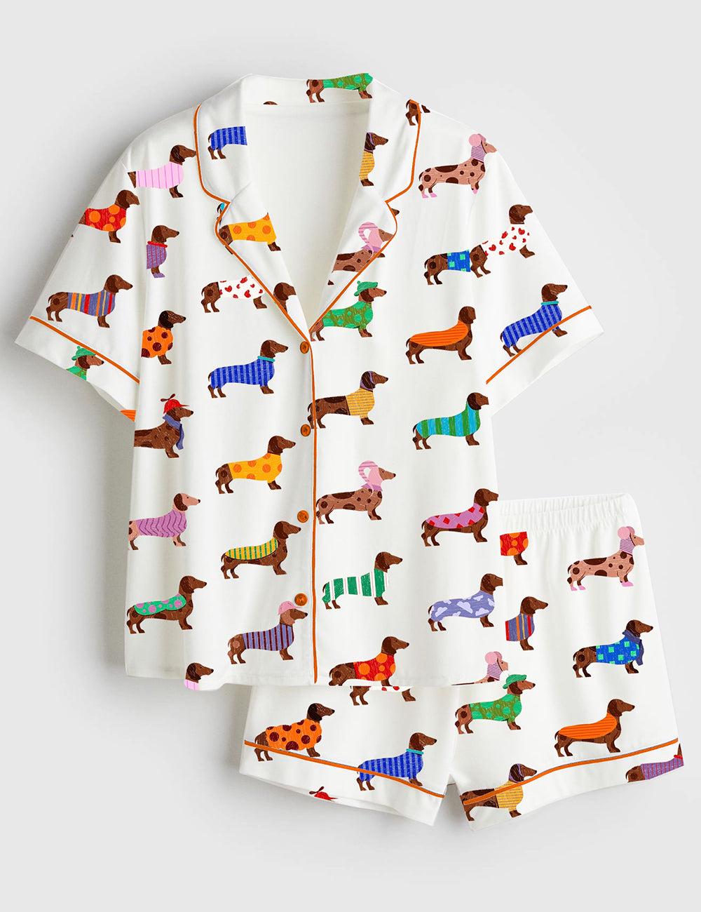 Women's Dachshund Pajama Set, Colorful Sausage Dog Sleepwear, Polyester Blend Lounge PJs