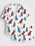 Women's Cat Silhouette Pajama Set, Imitation Silk Sleepwear, Lounge PJs