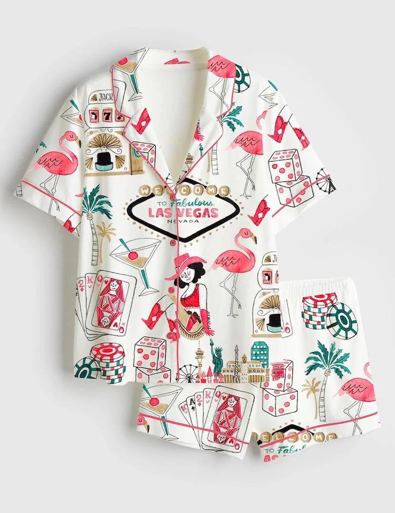 Las Vegas Pajamas Women Flamingo Sleepwear Set Bachelorette Party Gift Casino Outfit