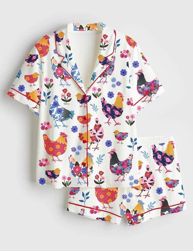 Floral Chicken Pajama Set, Farm Hen Print Sleepwear, Cottage Lounge PJs