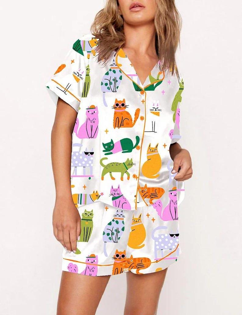Women's Colorful Cat Pajama Set, Cartoon Kitty Print Sleepwear, Imitation Silk Lounge