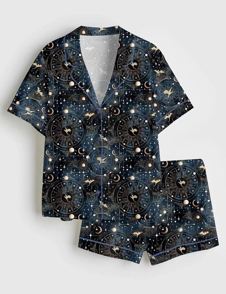 Celestial Pajama Set Women, Moon Star Astrology Print Sleepwear, Cosmic Lounge Set