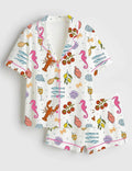 Seahorse Lobster Pajama Set Women, Coastal Seafood Print Sleepwear, Summer Beach Lounge Pajamas