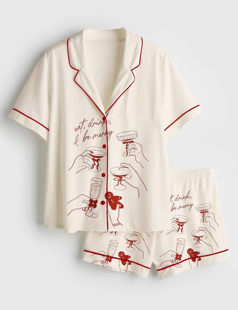 Women's Cocktail Print Pajama Set, Festive Holiday Sleepwear Lounge