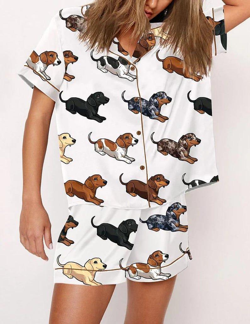 Women's Dachshund Pajama Set, Wiener Dog Print Sleepwear, Doxie Lover Lounge Set