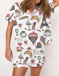 Parisian Cafe Print Pajama Set, Women's French Bakery Sleepwear, Lounge Shorts