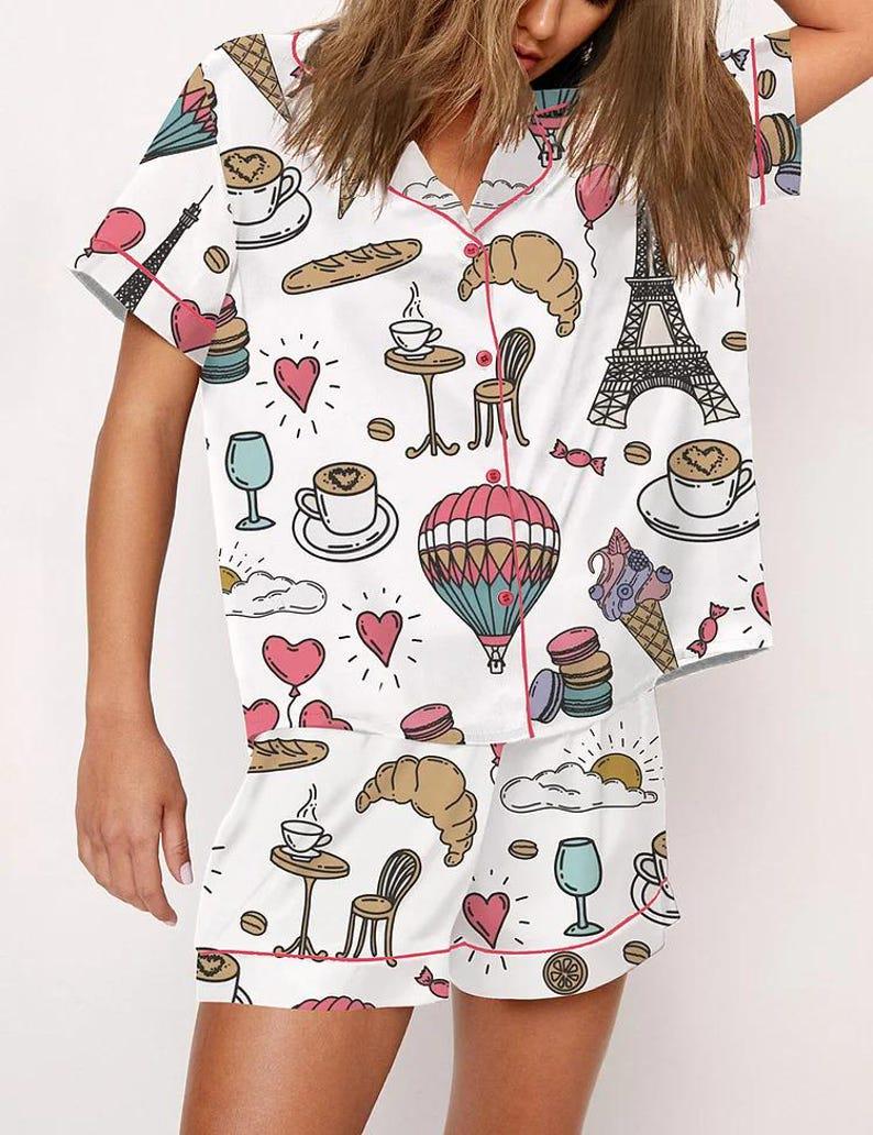 Parisian Cafe Print Pajama Set, Women's French Bakery Sleepwear, Lounge Shorts