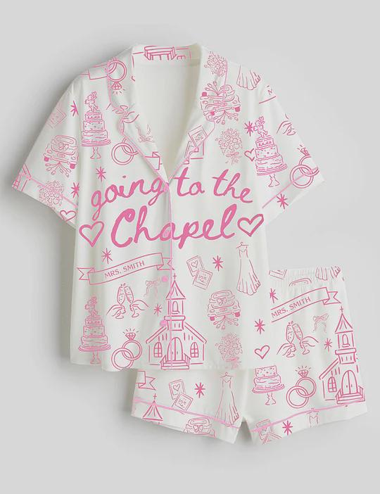 Wedding Morning Pajama Set for Bride, Bridal Getting Ready Outfit, Chapel Theme Sleepwear