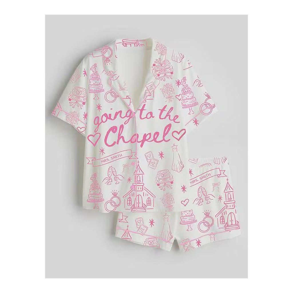 Wedding Morning Pajama Set for Bride, Bridal Getting Ready Outfit, Chapel Theme Sleepwear