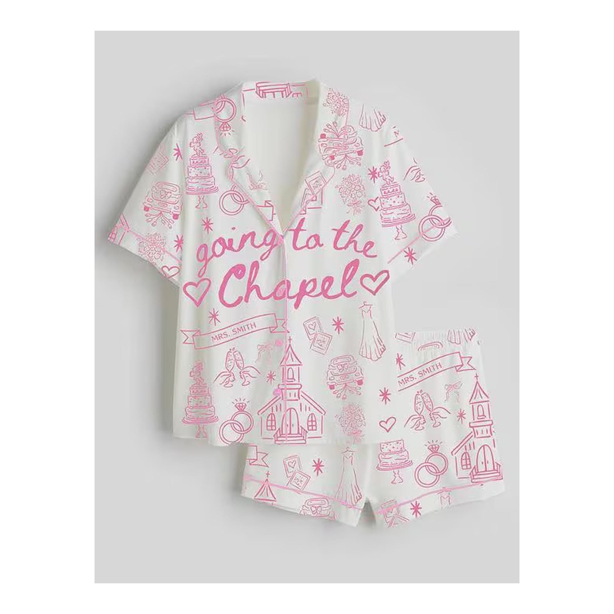 Wedding Morning Pajama Set for Bride, Bridal Getting Ready Outfit, Chapel Theme Sleepwear