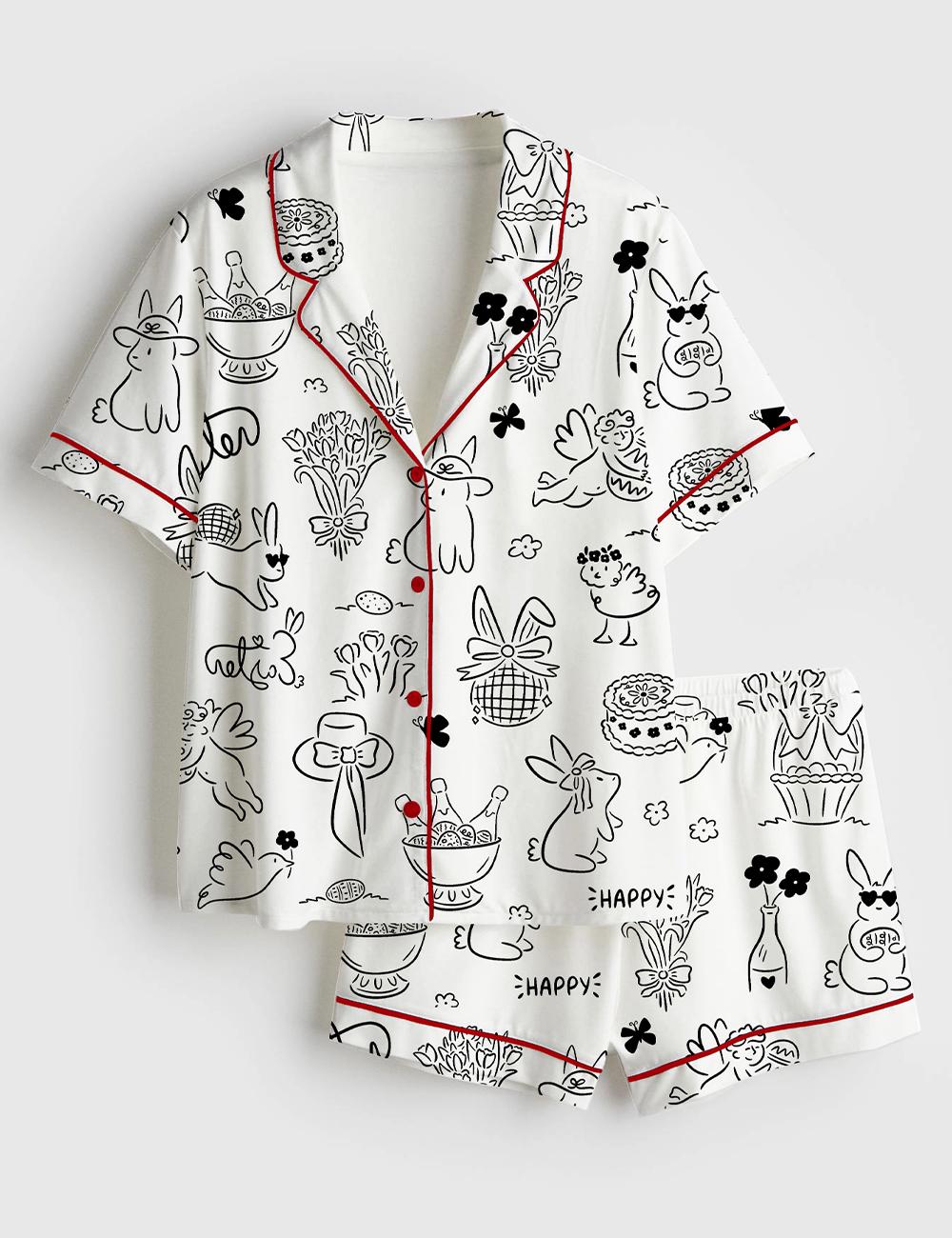 Bunny Doodle Pajamas Women, Easter Rabbit Line Art Sleepwear, Spring Lounge Outfit