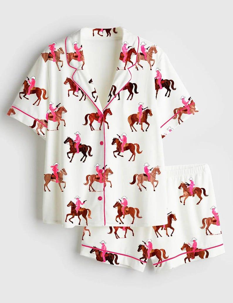 Women's Western Horse Print Pajama Set, Rodeo Sleepwear, Imitation Silk Lounge PJs