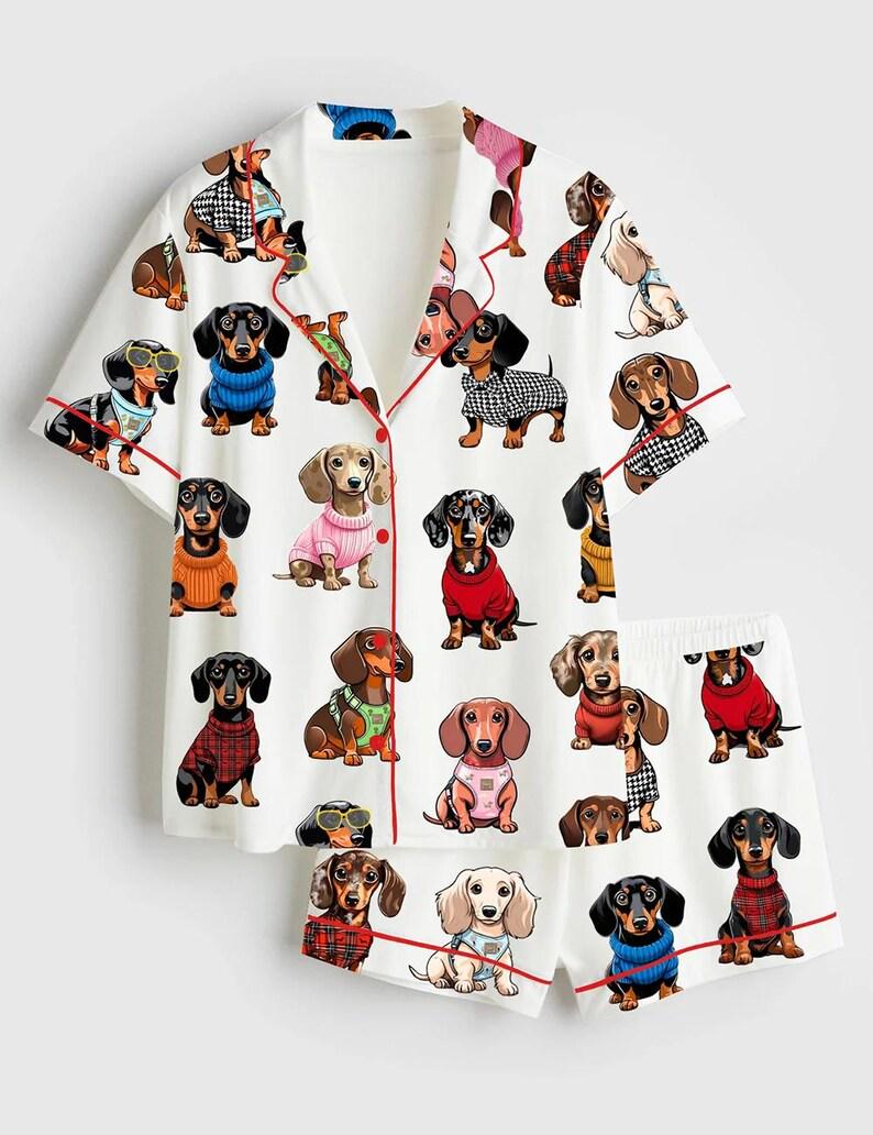 Women's Dachshund Pajama Set, Doxie Print Sleepwear, Imitation Silk Lounge PJs