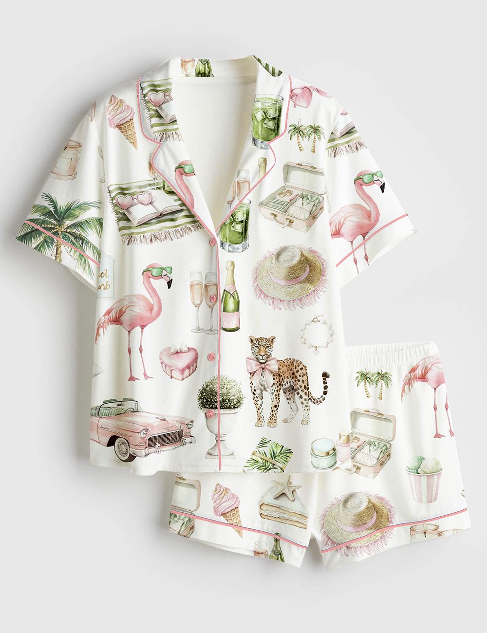 Flamingo Tropical Pajamas Women, Summer Vacation Sleepwear, Beach Lounge Set