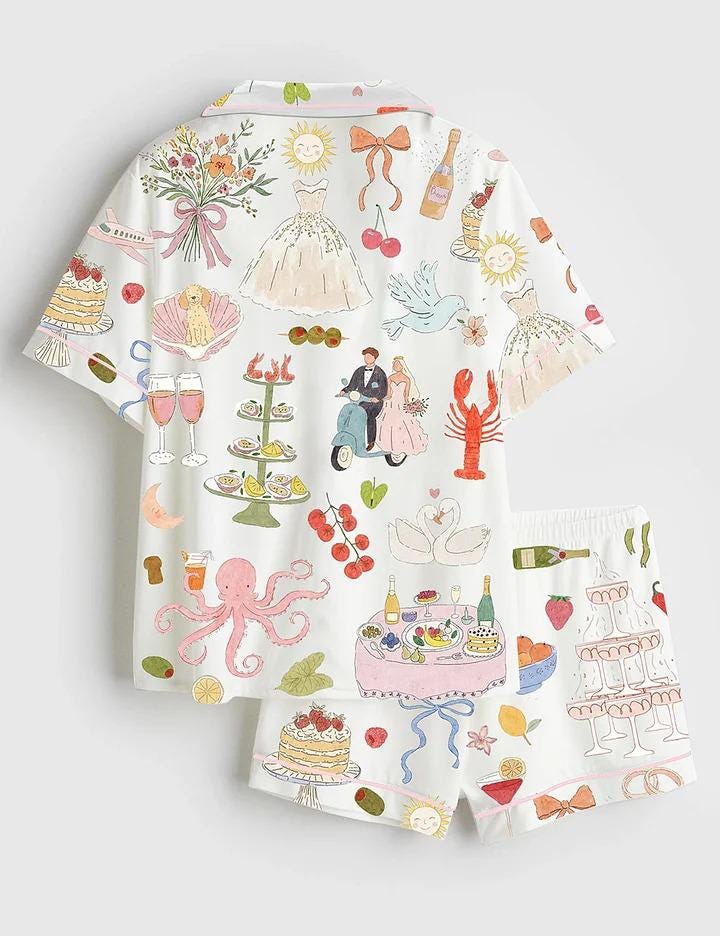 Watercolor Wedding Pajamas, Dolce Vita Bridal Party Gift, Whimsical Summer Satin Pjs, Hand Drawn Aesthetic Loungewear, Luxury Bride Set