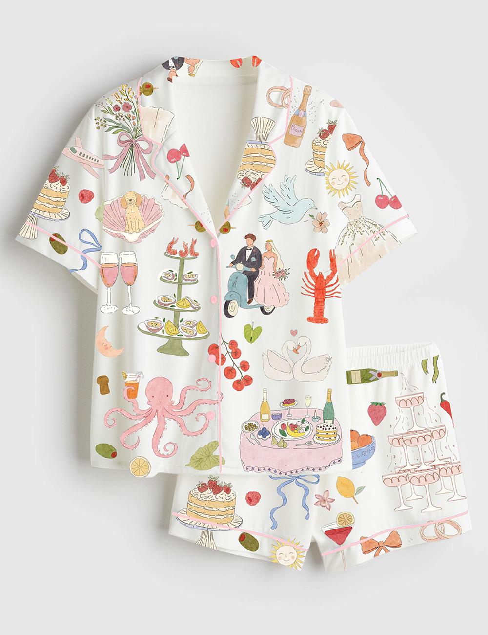 Watercolor Wedding Pajamas, Dolce Vita Bridal Party Gift, Whimsical Summer Satin Pjs, Hand Drawn Aesthetic Loungewear, Luxury Bride Set
