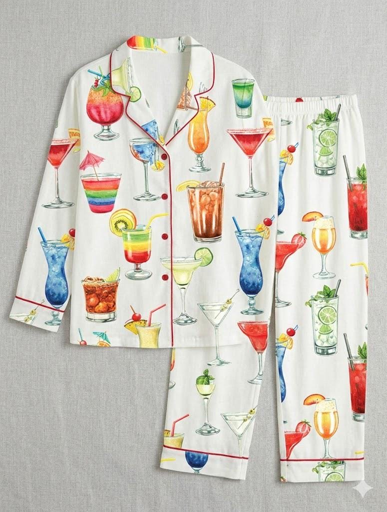Cocktail Pajama Set – Tropical Drink Watercolor Loungewear – Bachelorette Party & Summer Sleepwear Gift