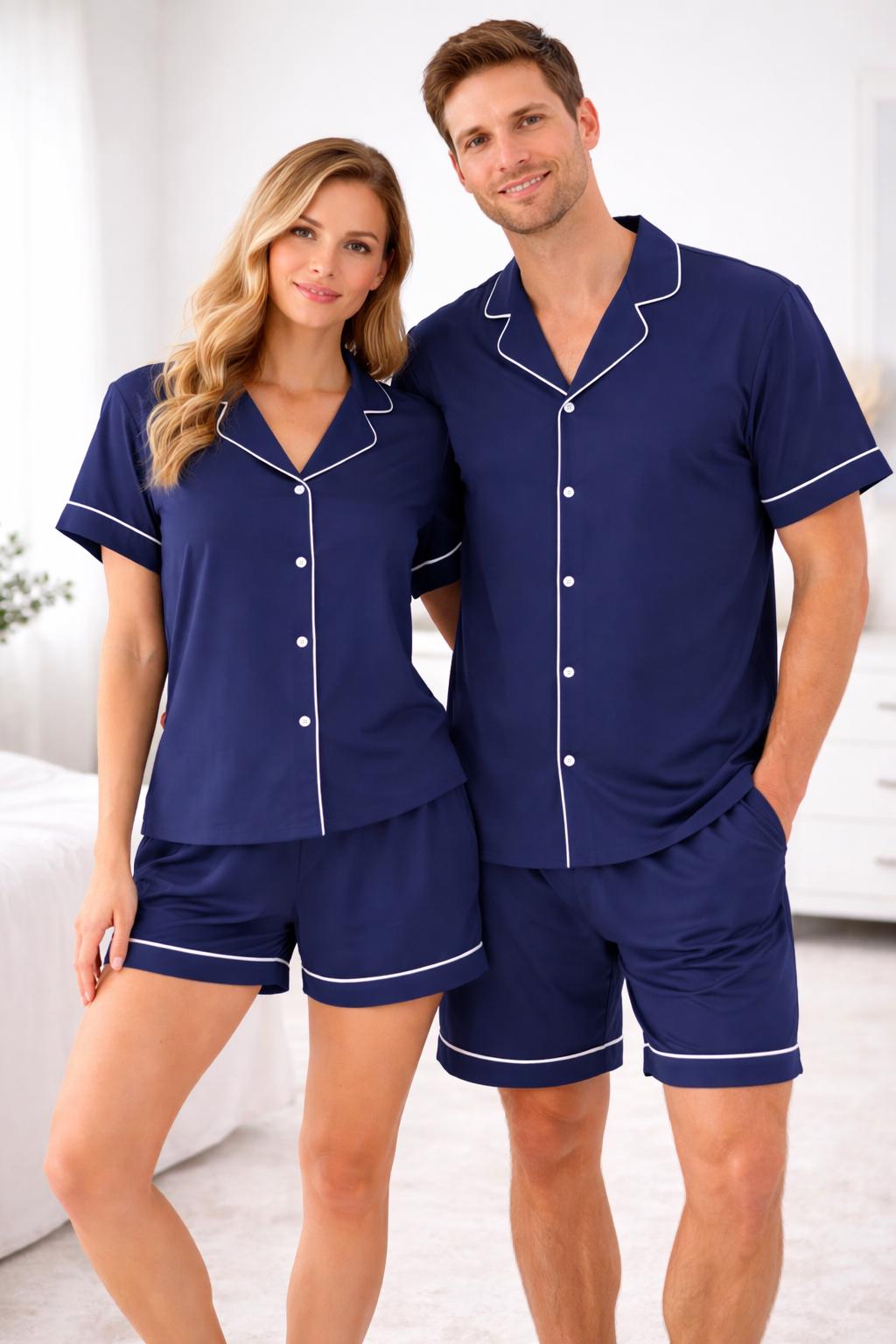 Luxury Navy Pajama Set Women, Satin Sleepwear, Soft Comfy Lounge Outfit Gift