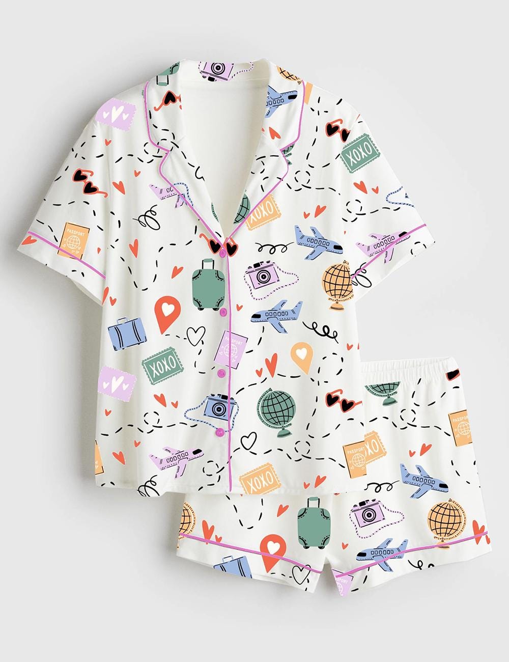 Travel Pajama Set Women Satin Sleepwear Vacation Airplane Print Gift