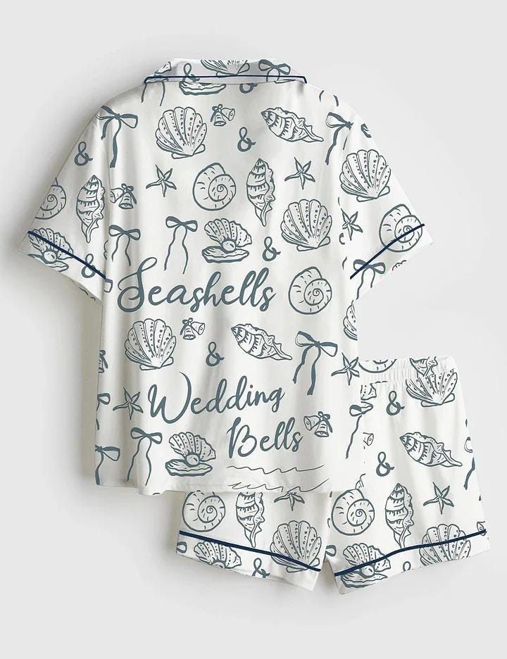 Seashells and Wedding Bells Satin Pajama Set, Coastal Bridal Party Silk Pjs, Short Sleeve Luxury Sleepwear, Beach Wedding Bride Lounge