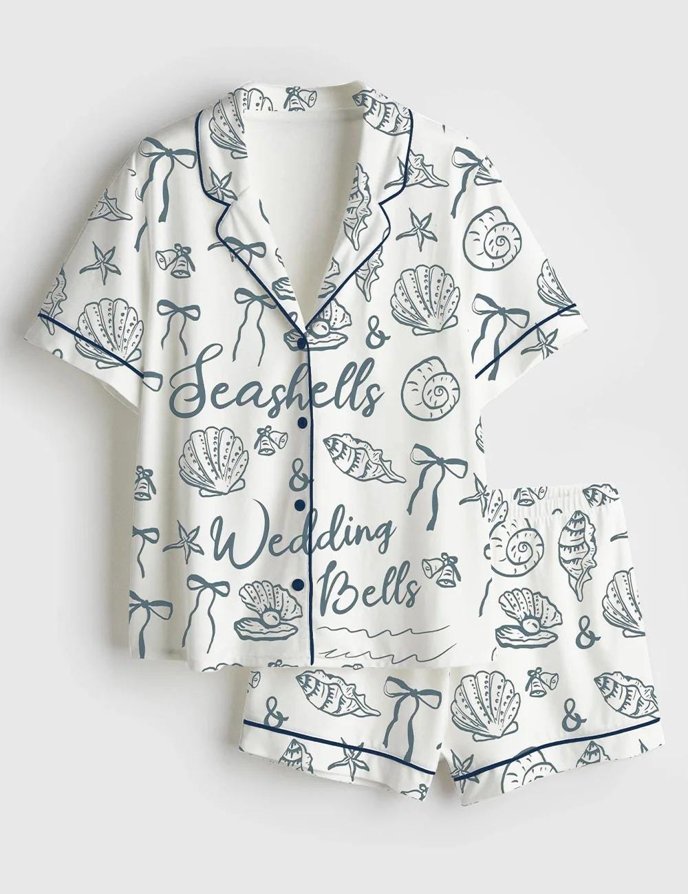Seashells and Wedding Bells Satin Pajama Set, Coastal Bridal Party Silk Pjs, Short Sleeve Luxury Sleepwear, Beach Wedding Bride Lounge